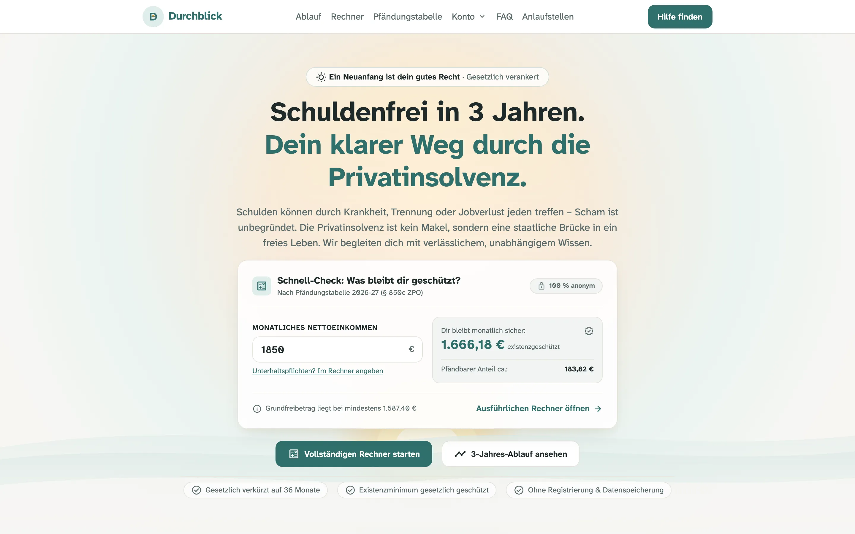 Durchblick-Startseite mit interaktivem Pfändungsrechner, Desktop-Ansicht