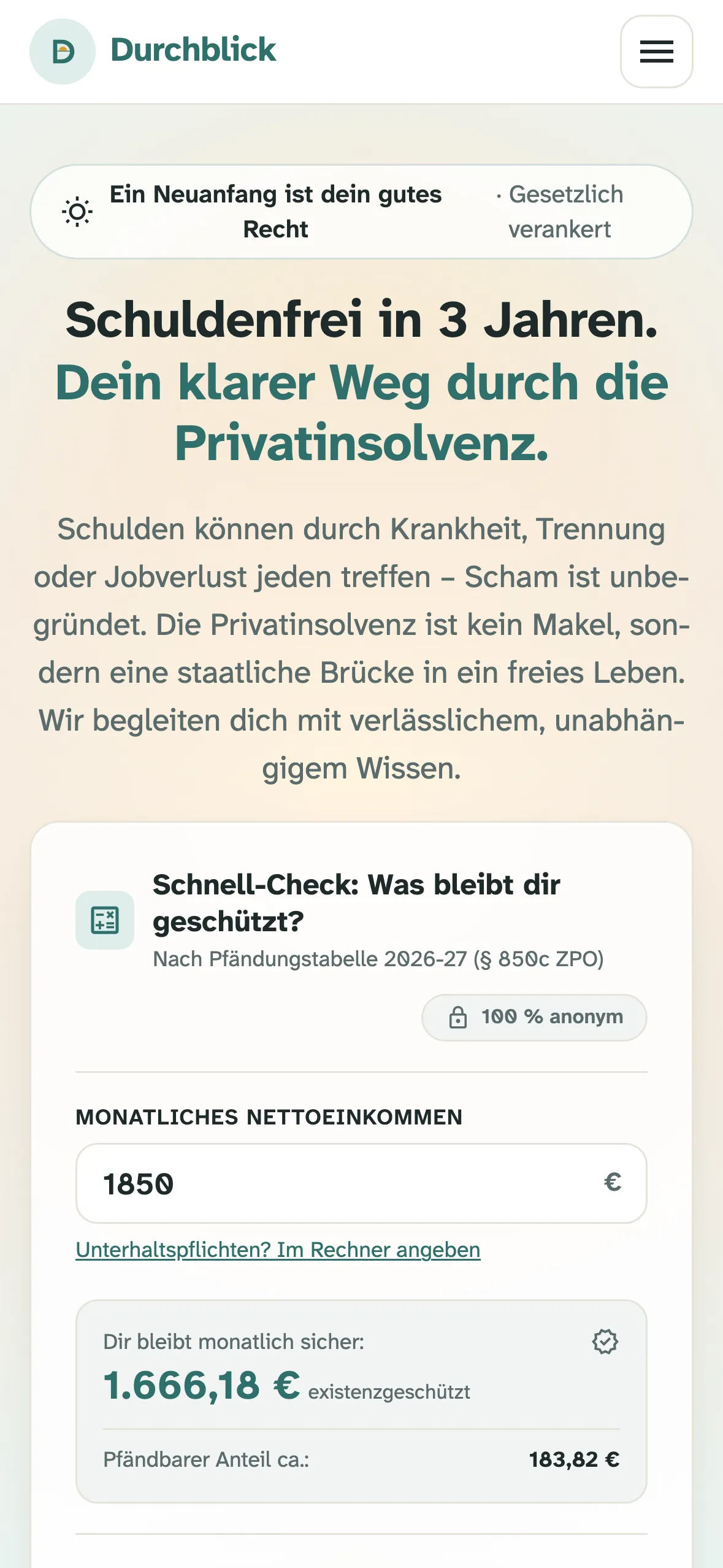 Durchblick Pfändungsrechner auf dem Smartphone