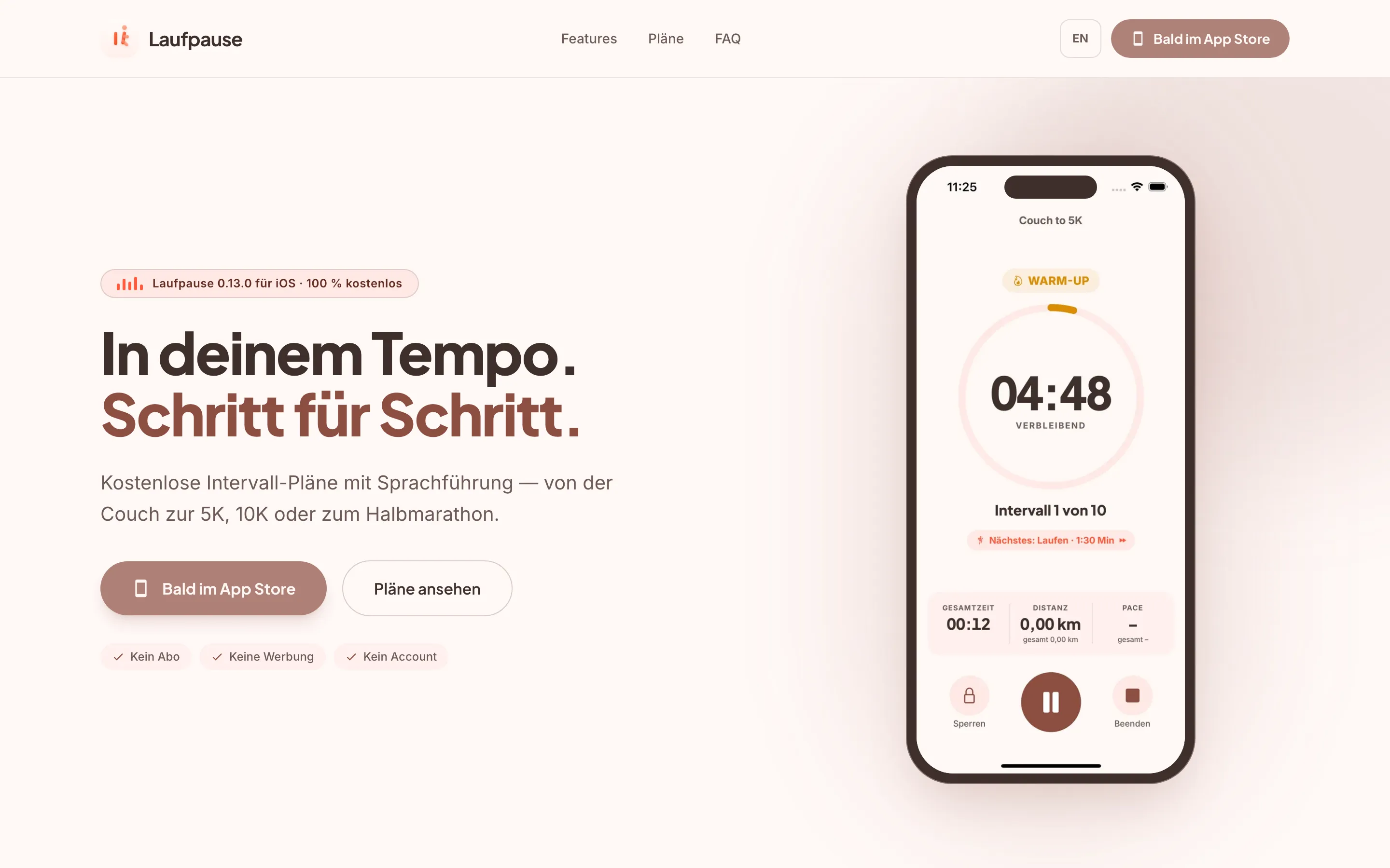Laufpause-Website auf dem Desktop, deutsche Ansicht